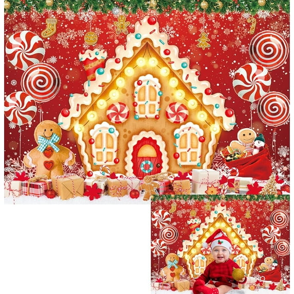 8x6FT Gingerbread House Candy Backgdrop Christmas Backdrop Snowflake Red Background Winter Photo Booth Props