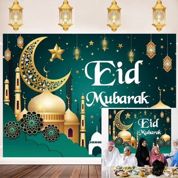 8x6FT Green Eid Mubarak Backdrop Arabian Ramadan Mubarak Islamic Muslim Festival Background Party Supplies Decorations