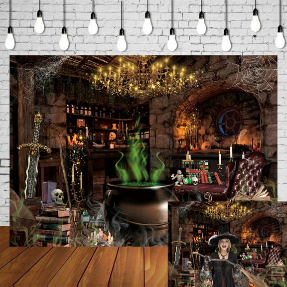 8x6FT Halloween Backdrop Vinyl Magic Cauldron Potions Book Background Spooky Skulls Wicked Witch Party Photo Shoot Decor