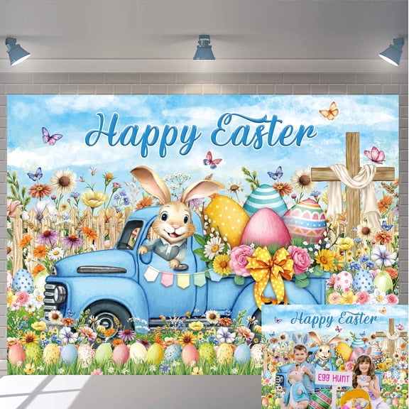 8x6FT Happy Easter Backdrop Spring Easter Photography Banner Bunny Truck Colorful Eggs Floral Jesus Cross Background for Jesus Easter Spring Party Decorations