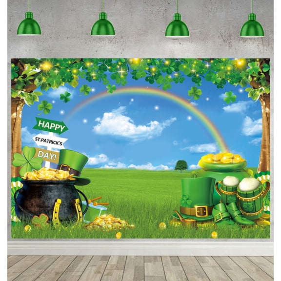 8x6FT Happy St. Patrick's Day Photography Backdrop Lucky Irish Green Shamrock Rainbow Background Baby Shower Birthday Party Photo Background