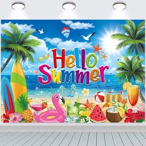 8x6FT Hello Summer Backdrop Summer Beach Party Photography Background Tropical Beach Hawaii Party Decorations Photo Props Vinyl