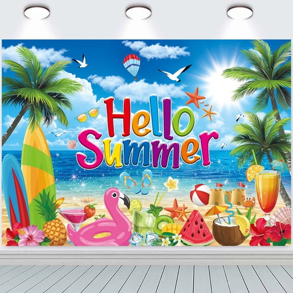 8x6FT Hello Summer Backdrop Summer Beach Party Photography Background Tropical Beach Hawaii Party Decorations Photo Props Vinyl