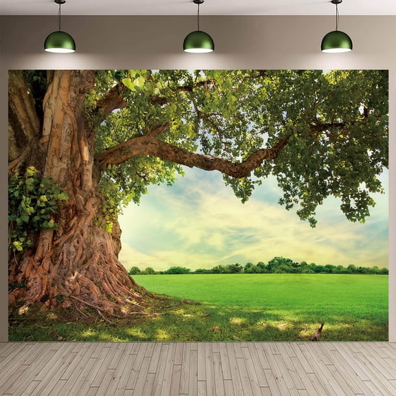 8x6FT Huge Tree Backdrop Rural Scenery Field Spring Summer Countryside Outdoor Picnic Background Nature Backdrop for Vacation Kids Wedding Birthday Party Photo Booth Props Vinyl