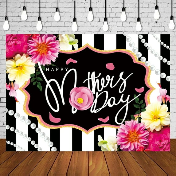 8x6FT Mother's Day Backdrop Pink Floral Pearl Mother's Day Background Black White Stripe Love Best Mom Grandma Festival Backdrop