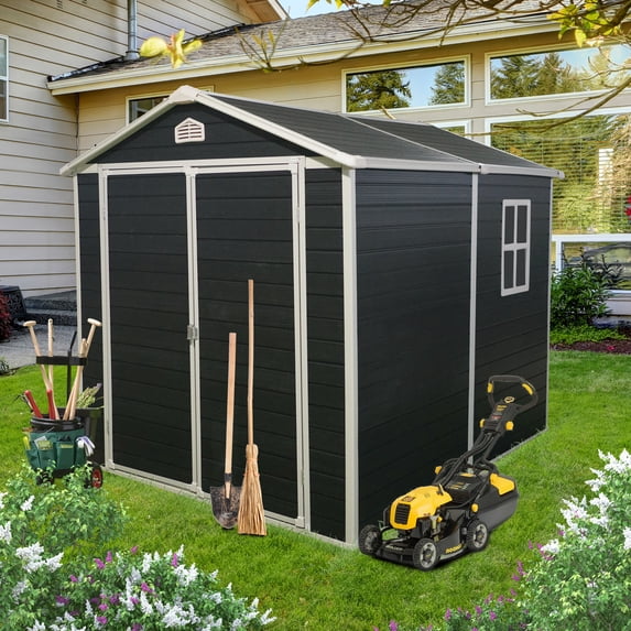 8x6FT Outdoor Resin Storage Shed With Floor, Weather-Resistant Tools Shed With Pad-Lockable Double Doors, Windows And Air Vents, Sloping Roof Design