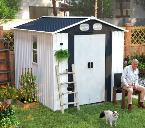 8x6FT Outdoor Storage Shed, All-Weather Metal Garden Tool Shed with Lockable Doors, Air Vents, Clear Window for Backyard Garden Patio