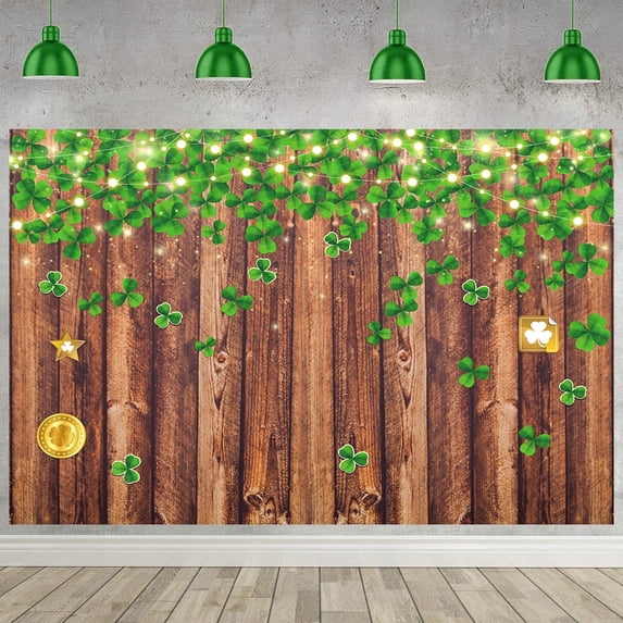 8x6FT Happy St. Patrick's Day Backdrop St. Patrick's Day Wood Backdrop Green Shamrock Glitter Gold Coins Lucky Irish Photo Background Kids Adult Birthday Party Decoration Photo Booth Studio Props