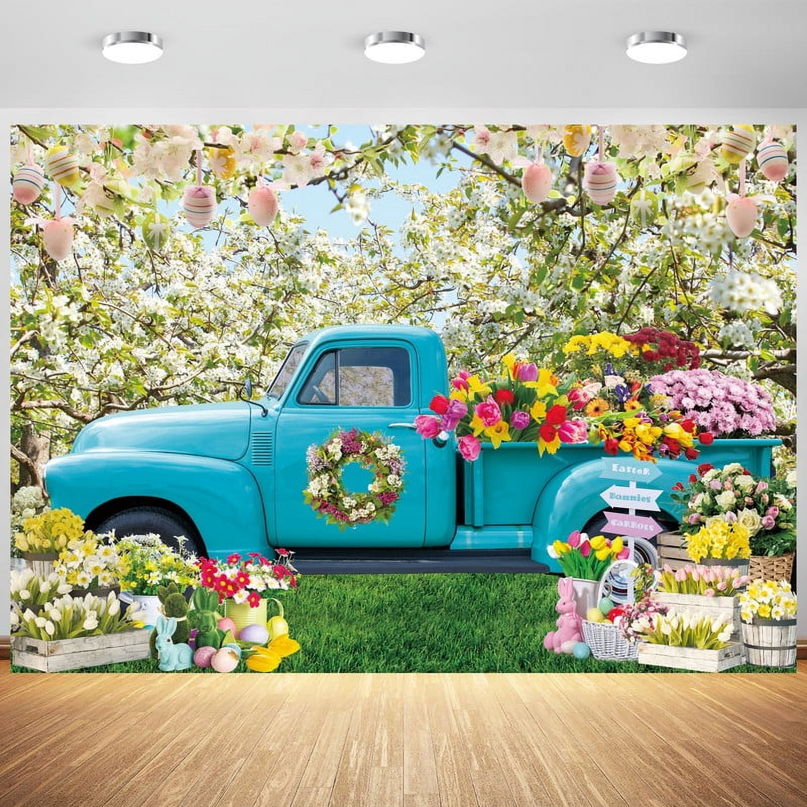 Blue Truck Rapeseed Flowers Eggs Easter Backdrop