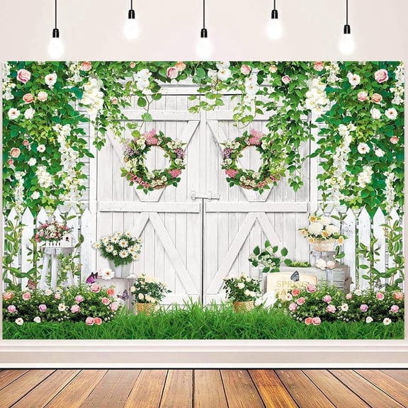 8x6FT Spring Flower Wall Backdround White Brick Spring Flower Wall Backdrop Green Leaves Butterfly Wedding Background Bridal Baby Shower Supplies