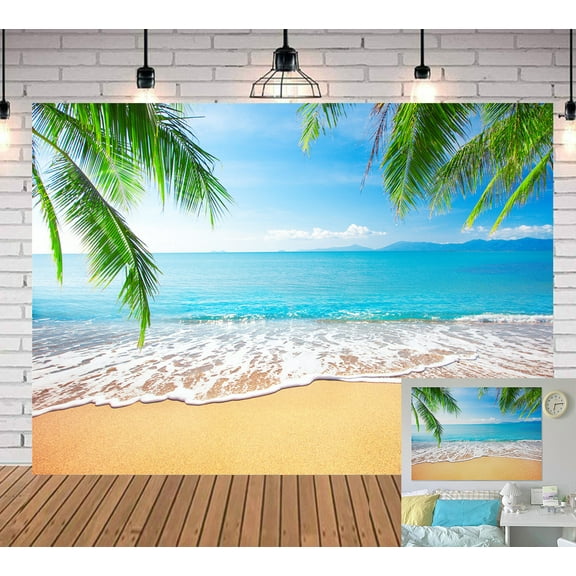 8x6FT Summer Backdrop Beach Backdrop Tropical Palm Island Seaside Leaf Backdrop Party Photography Prop