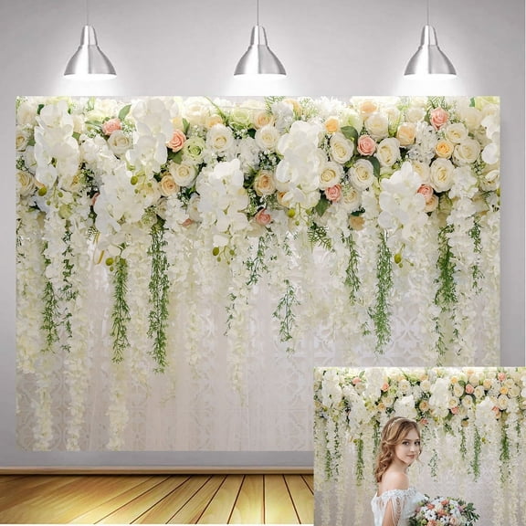 8x6FT White Flower Backdrop Wedding Backdrop Sweet Simple White Flower Backdrops for Wedding Decoration Mother's Day Party Supplies