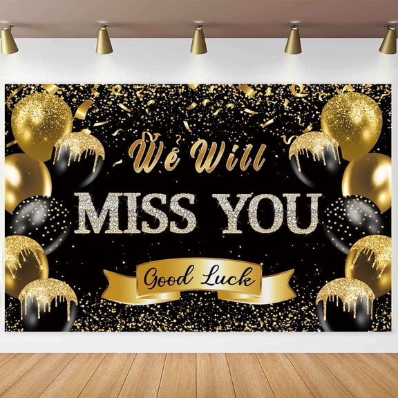 8x6FT We Will Miss You Backdrop Black Golden Glitter Balloon Going Away Party Background Congrats Retirement Farewell Anniversary Party Decorations Vinyl