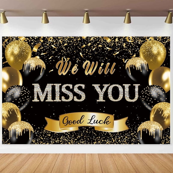 8x6FT We Will Miss You Backdrop Black Golden Glitter Balloon Going Away Party Background Congrats Retirement Farewell Anniversary Party Decorations Vinyl