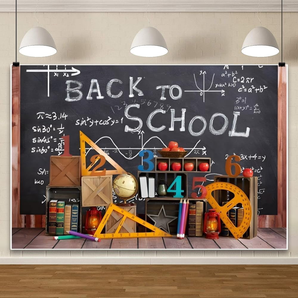 Custody Ruler Backdrop 8x6ft Back to School Backdrop Math Class Blackboard Bookshelf Pencils ...