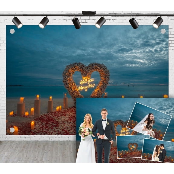 8x6ft Beach Wedding Backdrop Curtain, Love Flower Arch Candles Sea View, Wedding Party Decoration Background Wedding Photoshoot proposal arrangement photography props