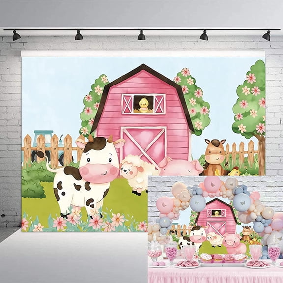 8x6ft Cartoon Farm Animals Party Backdrop Pink Barn Girl Baby Shower Birthday Photography Background Farmland Animals Cows Pigs Barnyard Backdrop Banner Cake Table Decoration Photo Booth Props VT4