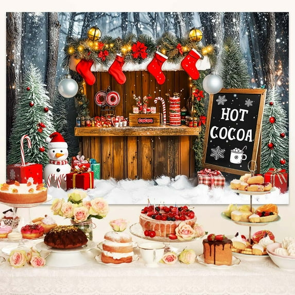 8x6ft Christmas Hot Cocoa Photography Backdrop Xmas Tree Candy Kids Photography Backdrop Snow Farmhouse Wooden Winter Xmas Family Party Decoration Banner Photo Booth Props Background