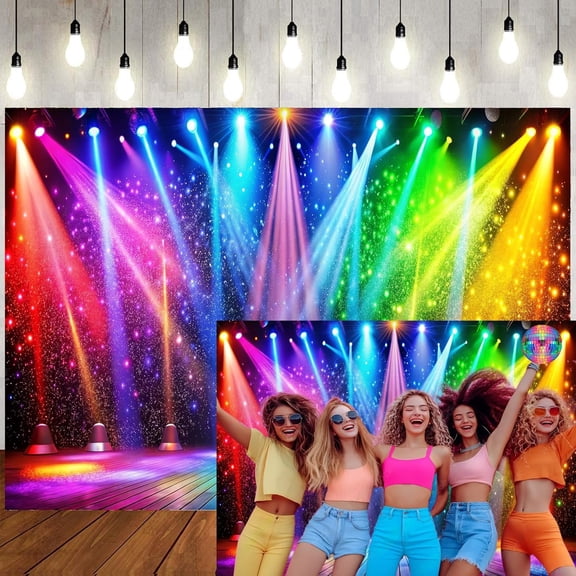 8x6ft Fabric Disco Rainbow Stage 70s 80s 90s Backdrop Vintage Lights Photography Background Rock Music Club Neon Glow Party Decorations Photo Banner 312