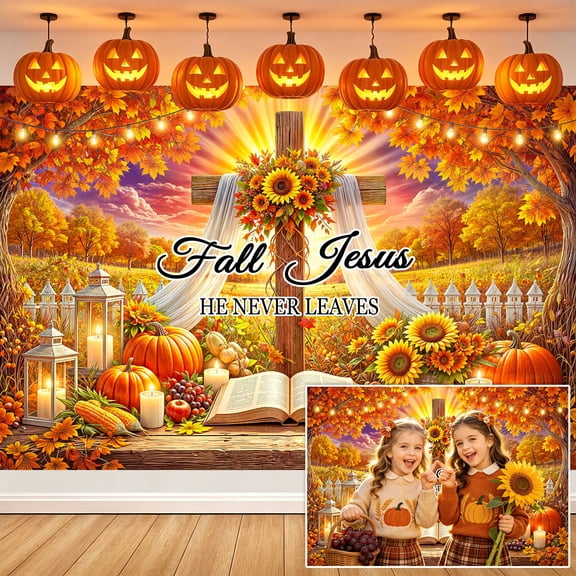 8x6ft Fall Jesus Christian Backdrop, Autumn Harvest Cross Bible Photography Background, Thanksgiving Religious Faith Backdrop for Church Decor Photo Booth