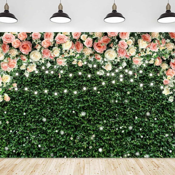 8x6ft Flower Wall Backdrop Spring Pink Rose Blossom Green Leaves Photography Background Floral Grass Birthday Baby Shower Miss to Mrs Wedding Bridal Shower Backdrops Portrait Photo Booth Props