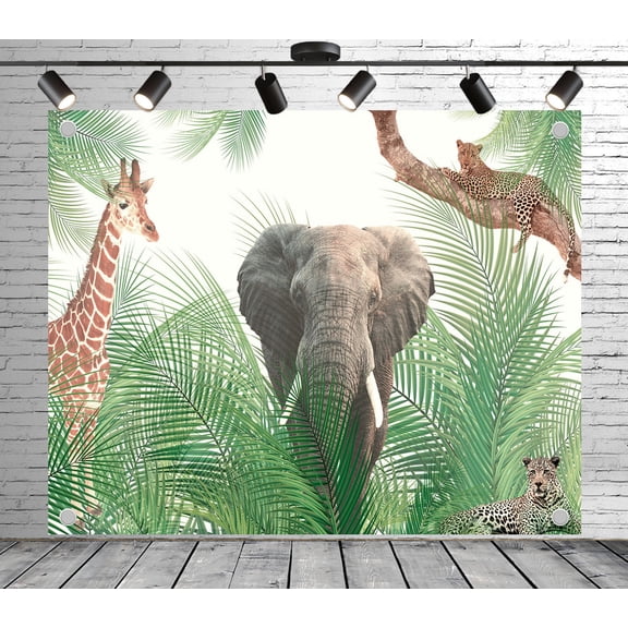 8x6ft Jungle Backdrop Animals with Palm Leaves Photo Backdrop Forest Background Decoration Banner for Theme Party Wedding Birthday Baby Shower Photo Booth Studio Props