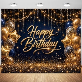 8x6ft Navy Blue and Gold Happy Birthday Backdrop, Durable Polyester Photography Background with Sparkling Lights Stars Balloons, Elegant Birthday Party Wall Decor Photo Booth Props, 1PC