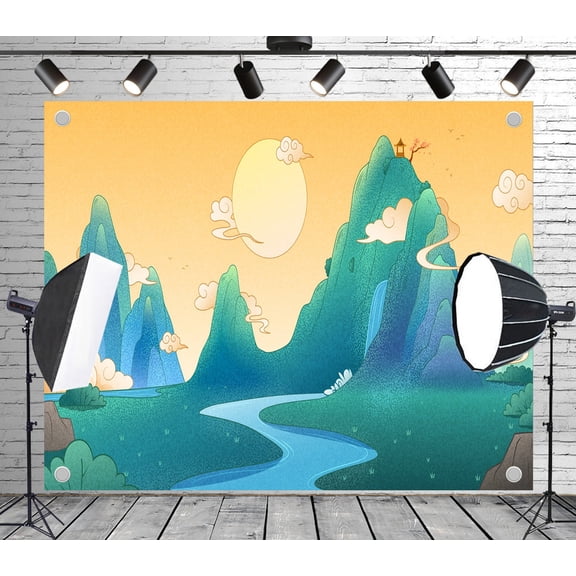 8x6ft Outdoor Background Chinese Style Illustration Green Mountains River Auspicious Clouds Sunlit Scene Scenic Wedding Birthday Party Photography Backdrop