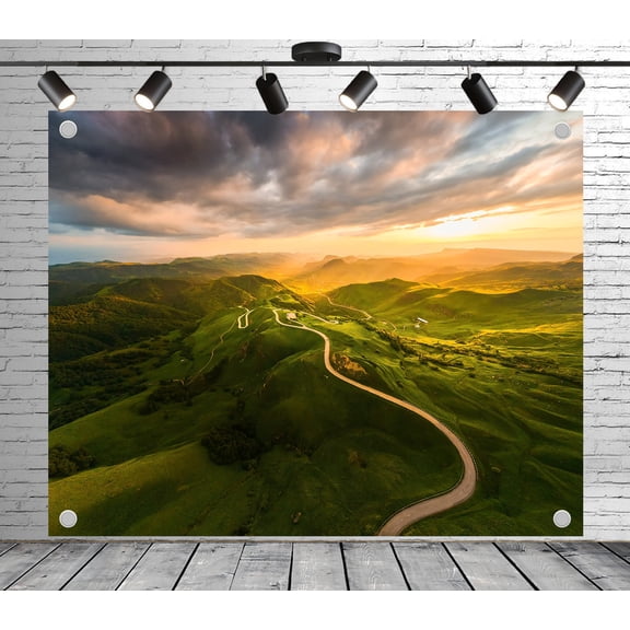 8x6ft Outdoor Background Green Hills Winding Road Sunset Glow Dramatic Clouds Scenic Wedding Birthday Party Photography Backdrop
