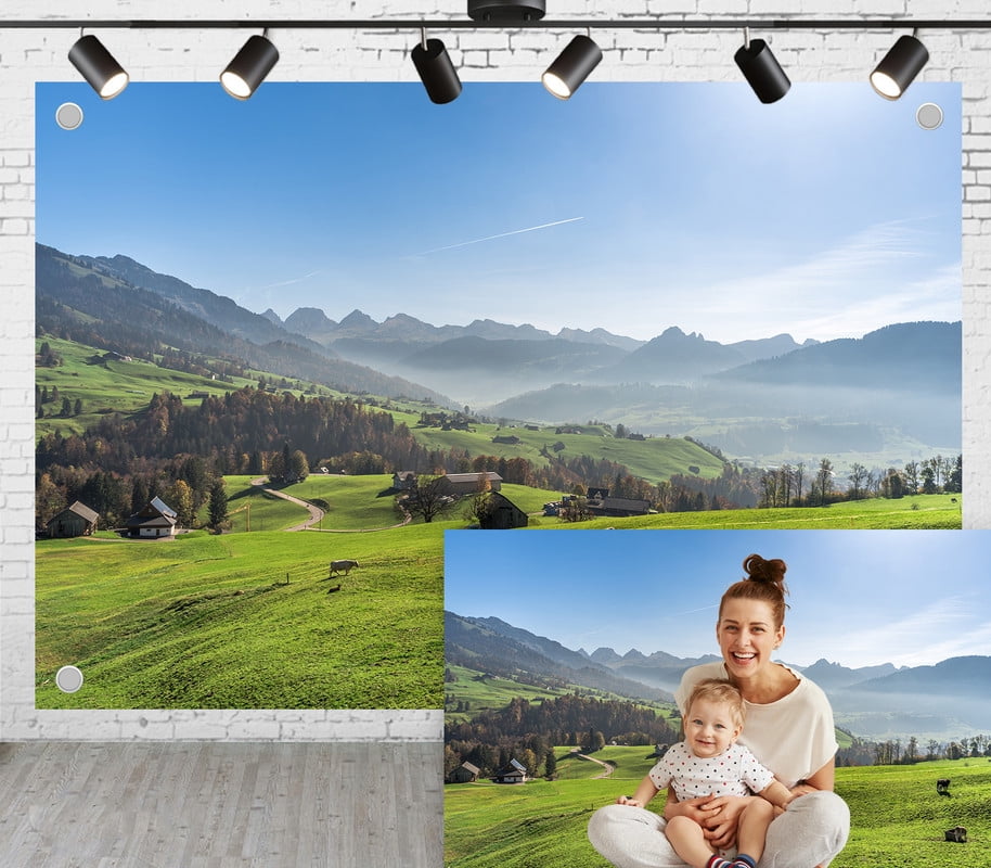 8x6ft Outdoor Background Green Mountain Grassland Cows Grazing Blue Sky ...