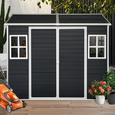 8x6ft Outdoor Resin Garden Shed with Floor and 2 Windows, Plastic Patio Outdoor Storage Shed with Lockable Door for Garden Tools, Bicycles, Trash Cans, Black