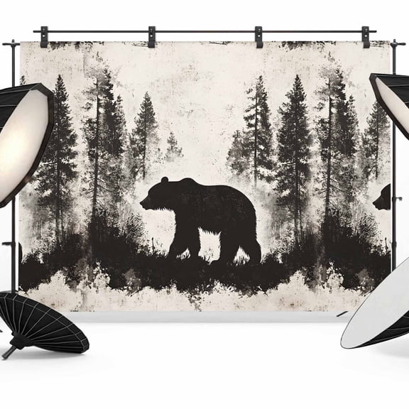 8x6ft Photo Backdrop, Black Bear Soft Polyester Backdrop Curtains Photography Backdrops, Vintage Rustic Wildlife Forest Woodland Brushed Background for Photoshoots Studio Video Portrait Parties