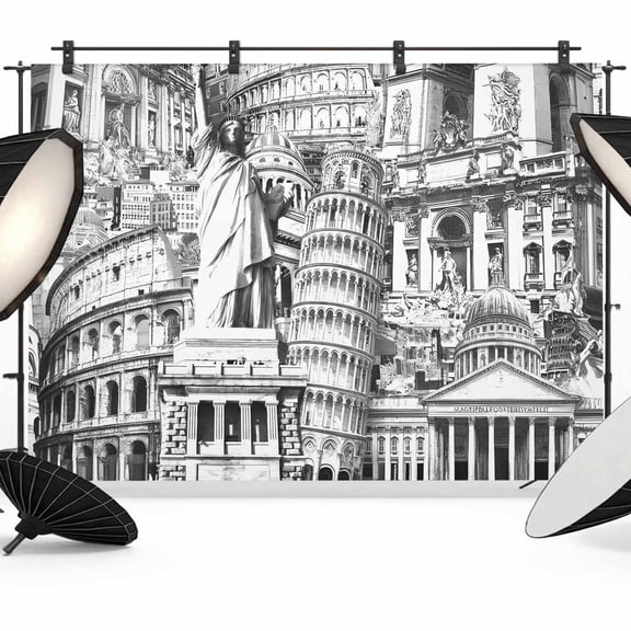 8x6ft Photo Backdrop, Black Grey Landmarks Soft Polyester Backdrop Curtains Photography Backdrops, Vintage Abstract Global Artwork Brushed Background for Photoshoots Studio Video Portrait Parties