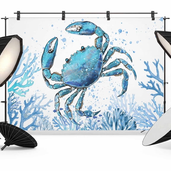 8x6ft Photo Backdrop, Blue Coastal Crab Soft Polyester Backdrop Curtains Photography Backdrops, Summer Ocean Coral Sea Fish Abstract Brushed Background for Photoshoots Studio Video Portrait Parties
