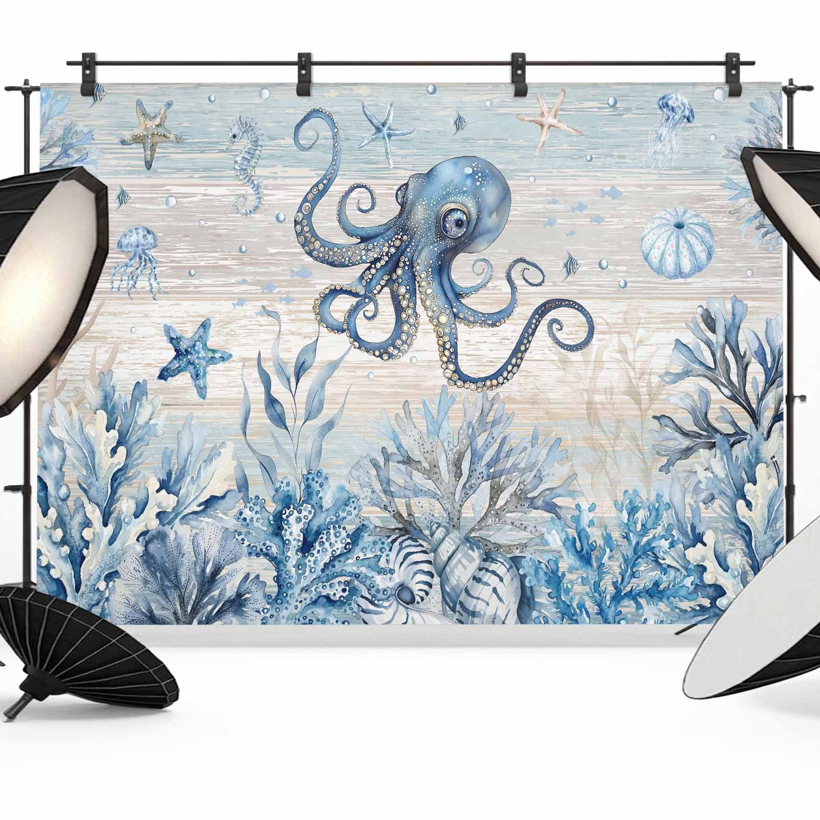 Capos Shells Backdrop 8x6ft Photo Backdrop, Blue Coastal Octopus Soft Polyester Backdrop ...