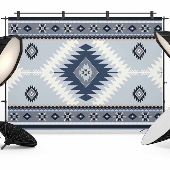 8x6ft Photo Backdrop, Blue Gray Boho Soft Polyester Backdrop Curtains Photography Backdrops, Southwestern Ethnic Abstract Geometric Brushed Background for Photoshoots Studio Video Portrait Parties