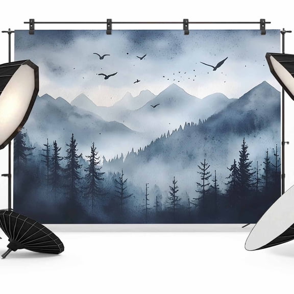 8x6ft Photo Backdrop, Blue Mountain Peak Soft Polyester Backdrop Curtains Photography Backdrops, Forest Tree Bird Fog Landscape Brushed Background for Photoshoots Studio Video Portrait Parties