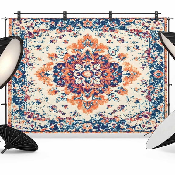 8x6ft Photo Backdrop, Boho Orange Blue Soft Polyester Backdrop Curtains Photography Backdrops, Boho Vintage Geometric Ethnic Art Brushed Background for Photoshoots Studio Video Portrait Parties