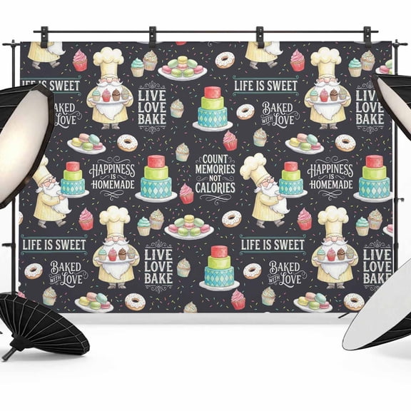 8x6ft Photo Backdrop, Cartoon Chef Cakes Soft Polyester Backdrop Curtains Photography Backdrops, Country Funny Food Dessert Black Brushed Background for Photoshoots Studio Video Portrait Parties