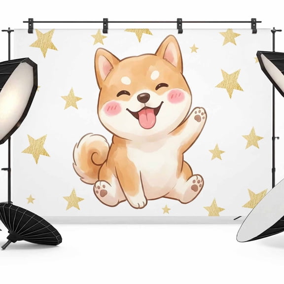 8x6ft Photo Backdrop, Cartoon Dog Soft Polyester Backdrop Curtains Photography Backdrops, Japanese Style Golden Star Cute Animals Brushed Background for Photoshoots Studio Video Portrait Parties