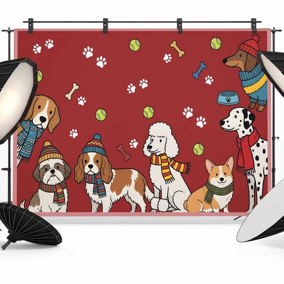 8x6ft Photo Backdrop, Cartoon Dogs Soft Polyester Backdrop Curtains Photography Backdrops, Red Cute Animals Dogs Paws Prints Brushed Background for Photoshoots Studio Video Portrait Parties