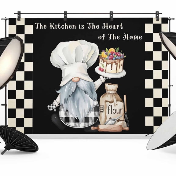 8x6ft Photo Backdrop, Chef Gnomes Soft Polyester Backdrop Curtains Photography Backdrops, Black White Plaid Dessert Maker Cake Brushed Background for Photoshoots Studio Video Portrait Parties