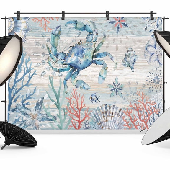 8x6ft Photo Backdrop, Coastal Crab Soft Polyester Backdrop Curtains Photography Backdrops, Nautical Beach Ocean Conch Coral Starfish Brushed Background for Photoshoots Studio Video Portrait Parties
