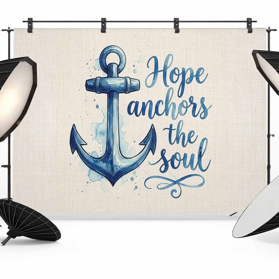 8x6ft Photo Backdrop, Coastal Nautical Soft Polyester Backdrop Curtains Photography Backdrops, Summer Watercolor Anchor Blue Beige Brushed Background for Photoshoots Studio Video Portrait Parties