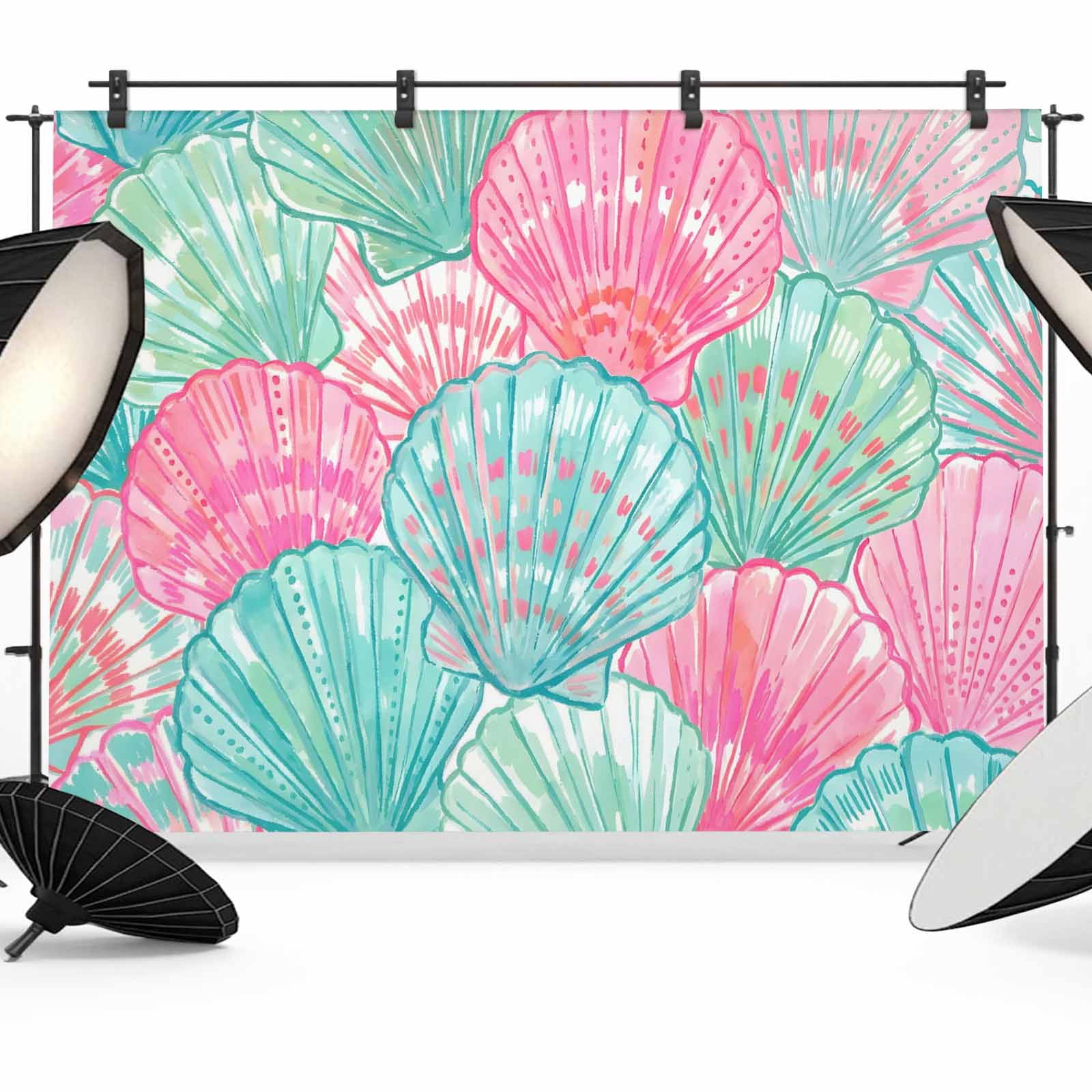 Shell Cloth Backdrop 8x6ft Photo Backdrop, Green Pink Shell Soft Polyester Backdrop Curtains ...