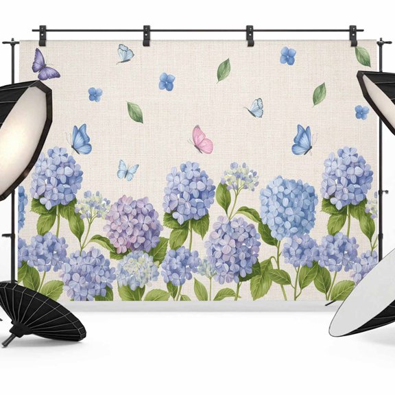 8x6ft Photo Backdrop, Hydrangeas Soft Polyester Backdrop Curtains Photography Backdrops, Purple Floral Butterfly Leaves Beige Brushed Background for Photoshoots Studio Video Portrait Parties