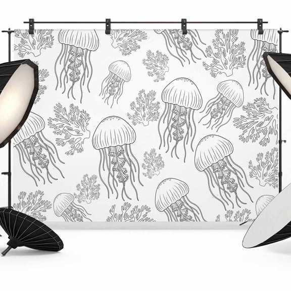 8x6ft Photo Backdrop, Line Drawing Jellyfish Soft Polyester Backdrop Curtains Photography Backdrops, Summer Coastal Nautical Coral Brushed Background for Photoshoots Studio Video Portrait Parties
