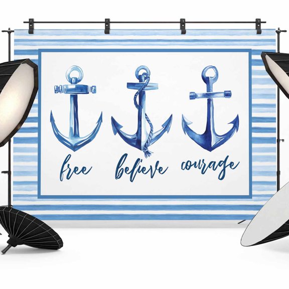 8x6ft Photo Backdrop, Nautical Anchor Soft Polyester Backdrop Curtains Photography Backdrops, Summer Coastal Ocean Anchor Blue Stripes Brushed Background for Photoshoots Studio Video Portrait Parties