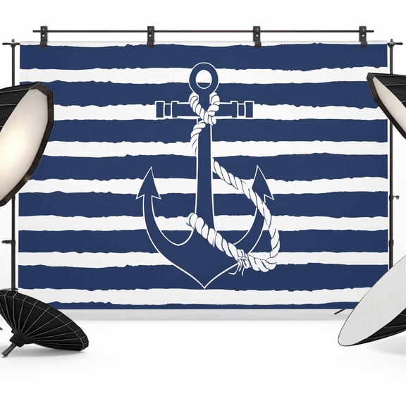 8x6ft Photo Backdrop, Navy Blue Anchor Nautical Soft Polyester Backdrop Curtains Photography Backdrops, Navy Blue Striped Farmhouse Brushed Background for Photoshoots Studio Video Portrait Parties
