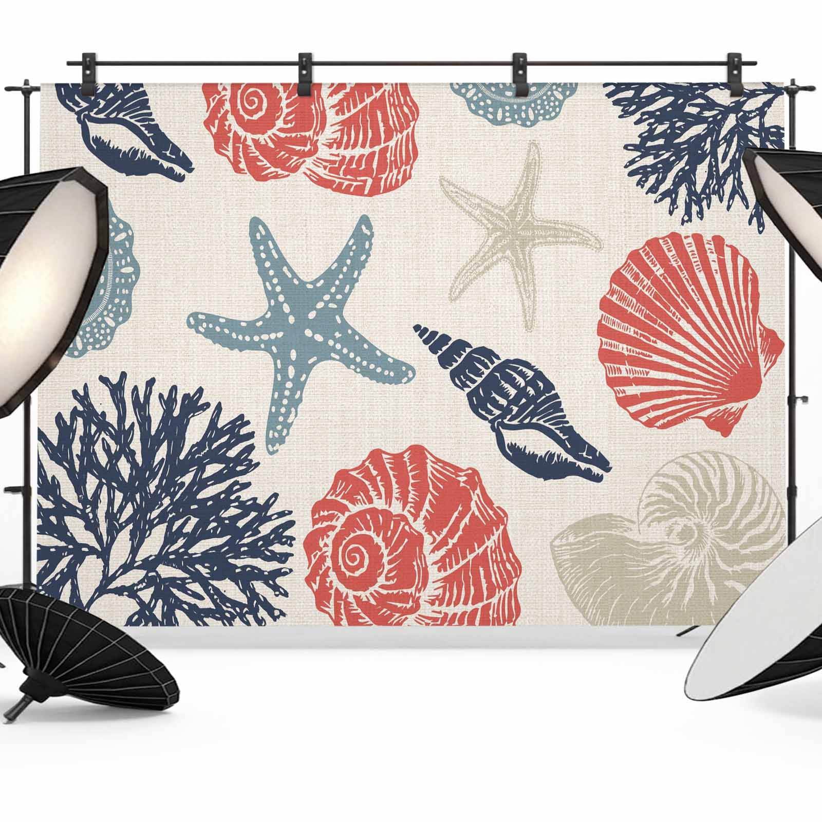 Shell Backdrop 2d 8x6ft Photo Backdrop, Red Blue Coastal Soft Polyester Backdrop Curtains ...